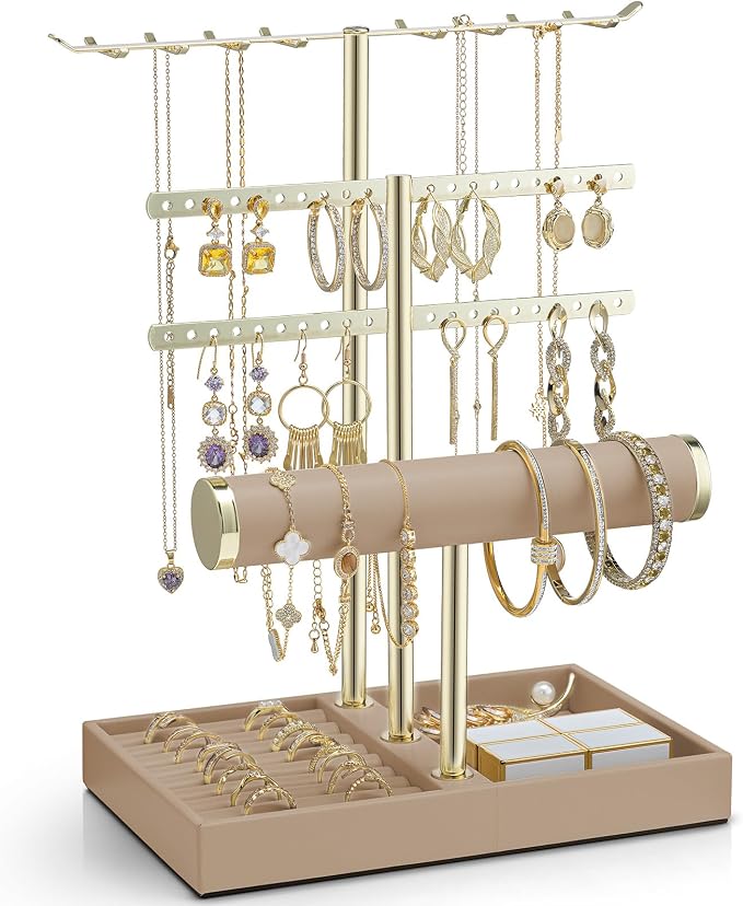 VLANDO 3 Tier Jewelry Stand Organizer with Tary, Leather Jewelry Holder Display for Women, Gold Jewlery Holder Display for Necklace, Earring, Bracelet, Rings - Toffee