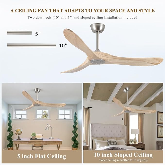 52" Modern Ceiling Fan, No Light, 6-Speed, Reversible, Timed Shutdown, DC Motor, Natural Wood 3 Blade, Porch, Bedroom, Living Room