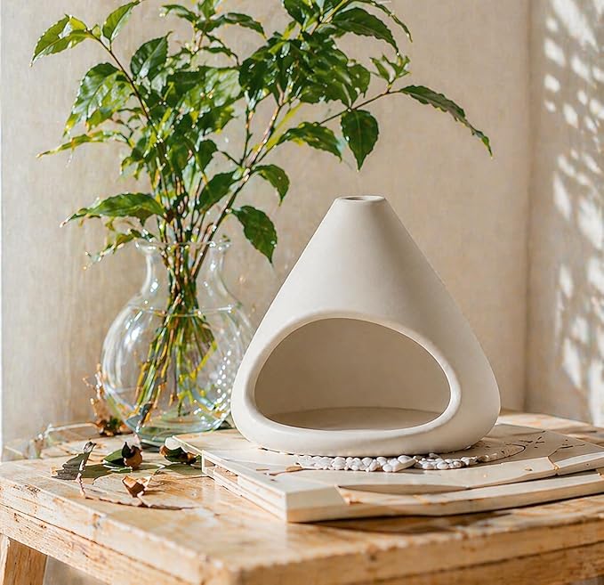Ceramic Palo Santo Holder Burner,Incense Cone Holder,Mini Chiminea for Palo Santo Sticks and Sage Burner,with Handmade Heat Insulated Mat,Dust Brush,Metal Tweezer. (White)