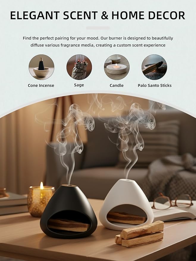 Palo Santo Holder, Modern Incense Burner, Ceramic Smudge Bowl for Yoga, Meditation and Energy Cleansing, Meditation Zen Decor for Home Office (White)