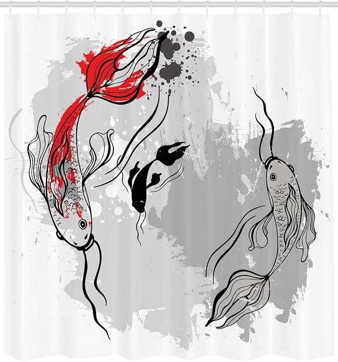Ambesonne Japanese Shower Curtain, Japanese Style Aesthetic Digital Motley Koi Fish Marine Underwater Theme Print, Cloth Fabric Bathroom Decor Set with Hooks, 69" W x 75" L, Orange Grey