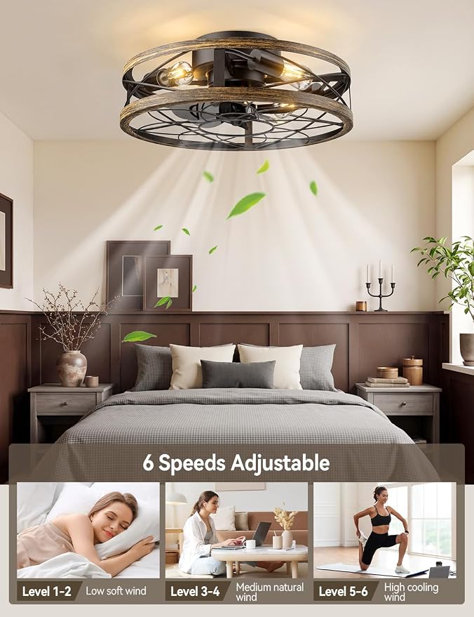AKOFUN 20" Cage Ceiling Fan with Light and Remote, Low Profile Flush Mount Fan, 6 Speed Reversible DC Motor, 1/2/4/8/12H Timer, Bladeless Fandelier Rustic Farmhouse Light for Bedroom Living Room Patio
