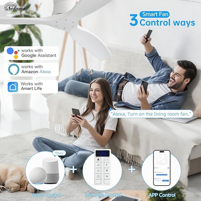 Sofucor 52" Smart Ceiling Fan No Light, Solid Wood Low Profile Ceiling Fan with Remote, Flush Mount Ceiling Fan Works with Alexa/Google/App 6-Speed Timing Reversible DC Motor for Living Room Bedroom