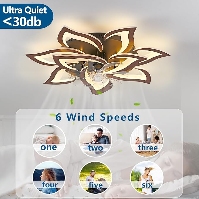 Modern Ceiling Fan with Lights Remote Control, 32" Wood 6 Speeds 3 Light Color Low Profile Flush Mount Ceiling Fan for Kitchen Bedroom