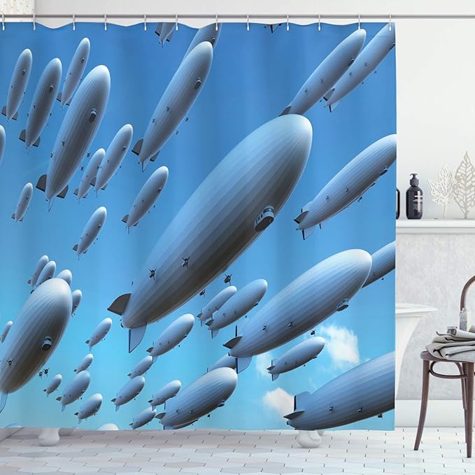 Ambesonne Zeppelin Shower Curtain, Many Fleet Airships Flying in The Sky Aviation Flight Invasion Air Picture Print, Cloth Fabric Bathroom Decor Set with Hooks, 69" W x 84" L, Soft Blue