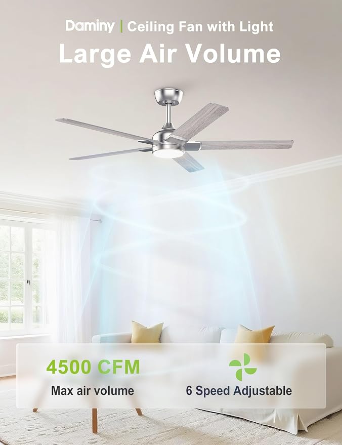 DAMINY 52 inch Nickel Ceiling Fans with Lights,5 Blades,3CCT, Low Profile,Remote Control,for Bedroom, Kitchen,Living Room,Indoor/Outdoor Use,Downrod