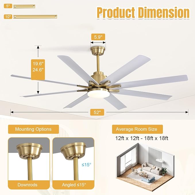 Sofucor 52 Inch Smart Ceiling Fan with Lights, Indoor/Outdoor Ceiling Fan with Light and Remote, Work with Alexa/Google, Quiet DC Motor, Reversible 6-Speed White Ceiling Fan for Bedroom Patio Garage