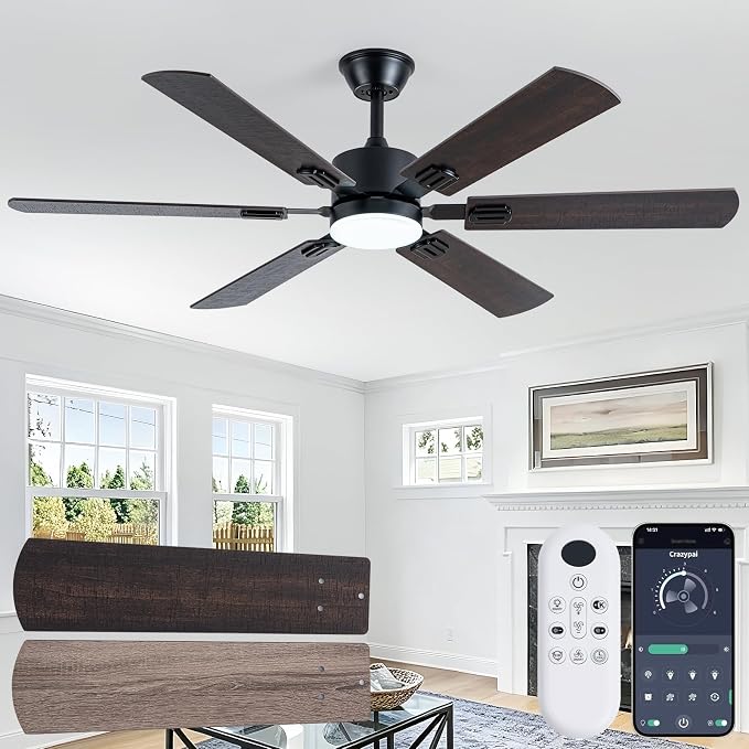 Coolwind 56 Inch Brown Ceiling Fan, Display Remote&APP Control, 6 Blade Modern Silent Ceiling Fan with 8 Speeds, Dimmable, Timer, DC Reversible Motor, Double Sided Blade for Bedroom, Living Room