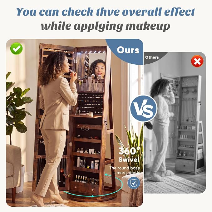 360° Rotating Jewelry Armoire with Full-Length Mirror & LED | Lockable Standing Organizer, Secure Storage For Jewelry, Brown