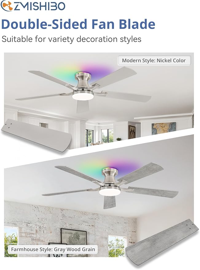 ZMISHIBO 52 Inch Ceiling Fan with RGB Lights, Low Profile Flush Mount with Alexa/App/Remote, Dimmable 20W LED Light, Nickel Modern for Living Room, Bedroom, Game Room