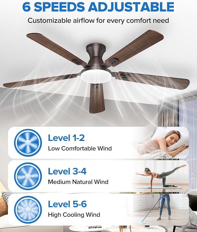 UME 60" Ceiling Fan with Lights & Remote, 6 Blades Low Profile Ceiling Fan, Quiet DC Motor, Natural Wind, 6 Speeds, 3CCT Dimmable 20W LED Modern Ceiling Fan for Bedroom, Living Room, Brown