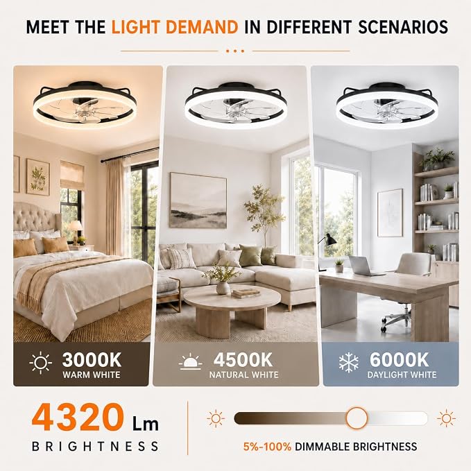 20 Inch Low Profile Ceiling Fans with Lights and Remote, Black | Flush Mount 7-Blade Fandelier with App Control, 3CCT Dimmable, Quiet Reversible DC Motor, 6 Speeds Ceiling Fan for Bedroom