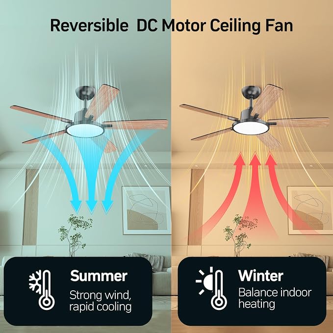 TALOYA 52 Inch Black Ceiling Fans with Lights Led Remote Control Flush Mount Low Profile for Bedroom Living Dining Room Outdoor Farmhouse Patio,Reversible,DC Motor,Diammable,Buzzer ON/Off,5 Blades