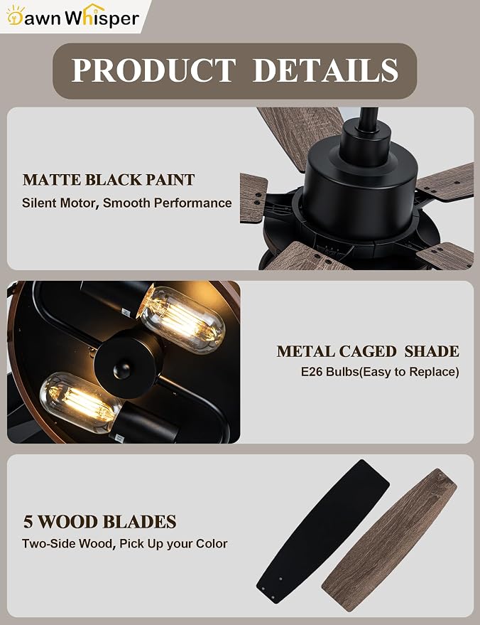 Dawn Whisper Farmhouse Ceiling Fans with Lights 52 Inch Black Caged Rustic Ceiling Fan for Bedroom Living Room and Patio Reversible Quiet DC Motor 6 Speeds