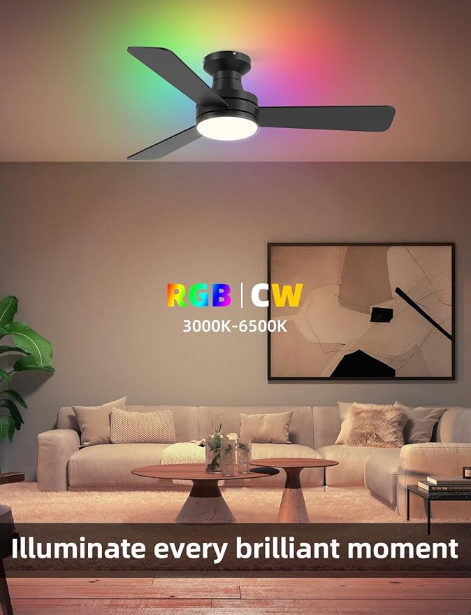 42 inch RGB Ceiling Fan with Light, Smart App & Remote Control Low Profile Flush Mount, Music Sync Lighting, 6-Speed Quiet Reversible DC Motor, 4CCT Dimmable for Home Office Party,Black