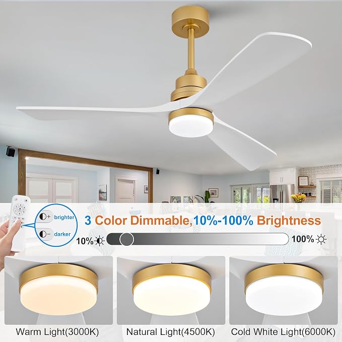 52 Inch Wood Ceiling Fans with Lights and Remote, White Gold Outdoor Ceiling Fan with Light, Dimmable 3 Blades Outdoor Fans for Patios Noiseless Modern Ceiling Fans for Bedroom Living Room