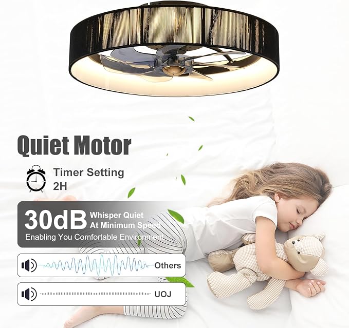 20" Flush Mount Caged Ceiling Fan with Lights, Low Profile Fandelier with Remote/App Control, 6 Speeds Dimmable LED Ceiling Fan, Fabric Farmhouse Style for Bedroom Kitchen Living Room（Black）