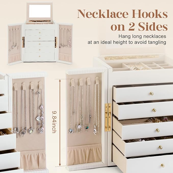 Dajasan Large Jewelry Organizer Box, 6-Tier Jewelry Storage Case with 5 Drawers, Jewelry Boxes for Women Girls with Mirror, Double Door, Textured PU Leather, Gift Idea, Stylish (White + Gold)