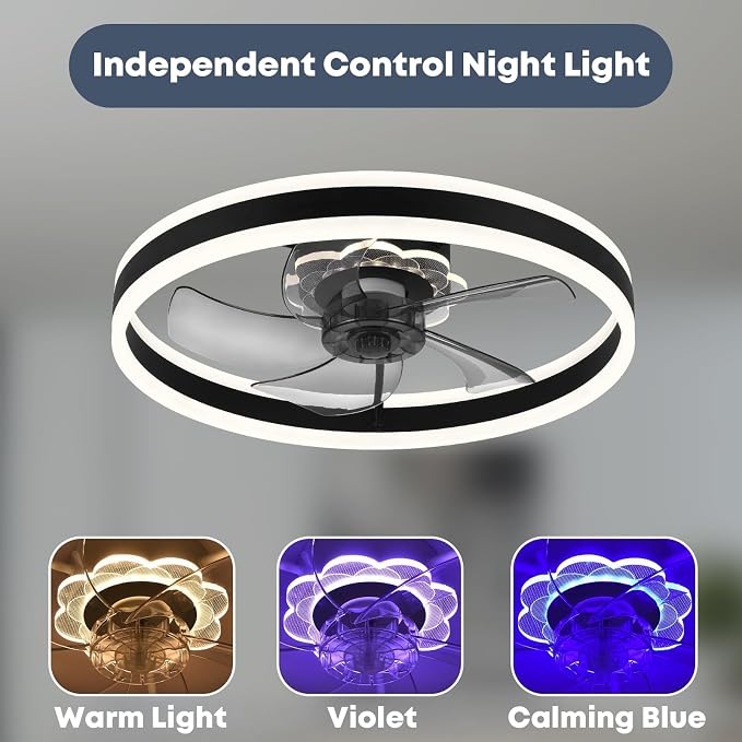 FSZDORJ 24'' Ceiling Fan with Light and Remote, Low Profile Ceiling Fan with Light, Dimmable Flush Mount Ceiling Fan Light, 6 Speeds Fan, App&Remote Control, Fandelier Quiet Fan for Bedroom F105 Black