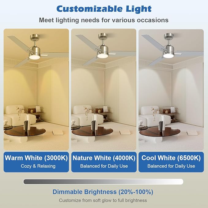 52 inch Ceiling Fans with Lights and Remote, Brushed Nickel Ceiling Fan, 6 Speed Reversible, 3CCT, Dimmable, Noiseless, 3 Blades, Quiet DC Motor, Silver Ceiling Fan for Bedroom, Indoor and Outdoor