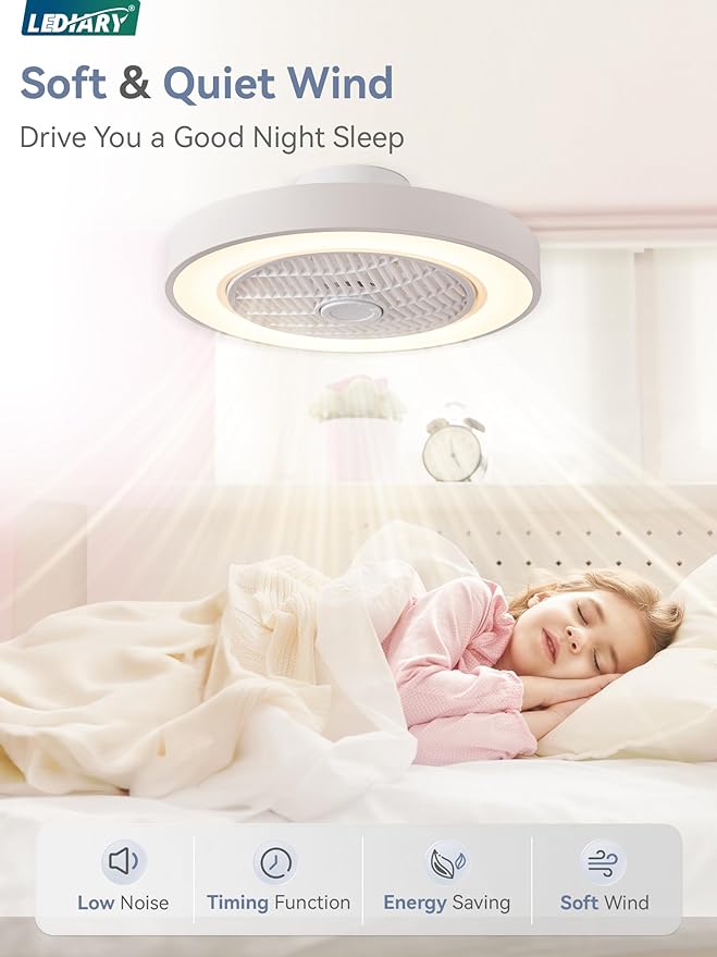 LEDIARY 20 Inch Low Profile Ceiling Fan With Light, Led Bladeless Ceiling Fans, Remote Control Enclosed Flush Mount Ceiling Fan With Timming, 3000-6000K, 6 Wind Speed, 3000LM, 57W-White