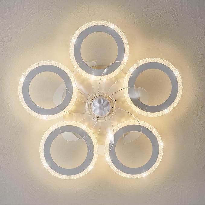 Dalouguan Modern Ceiling Fan with Light, 20" White Personality Geometric 6 Speeds 3 Light Color Low Profile Flush Mount Ceiling Fan for Kitchen Bedroom