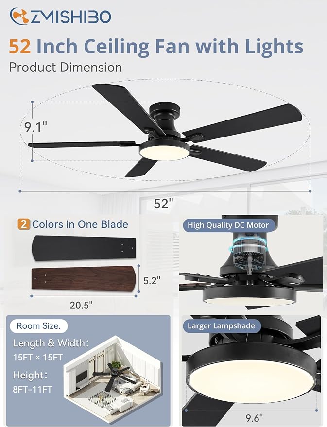 ZMISHIBO 52 Inch Flush Mount Ceiling Fan with Light, Remote&APP, Black | 6-Speed Quiet DC Motor, Dimmable 24W LED with 3CCT (3000K-6500K), Modern Low Profile for Living Room, Bedroom, Kitchen