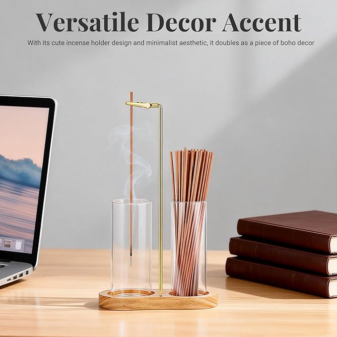 Glass Incense Holder, 2 in 1 Hanging Incense Burner Holder with Ash Catcher & Storage | Cute Boho Decor for Meditation, Yoga, Spa | Stick Incense Holder, Censer, Incense Tray Alternative (Natural)