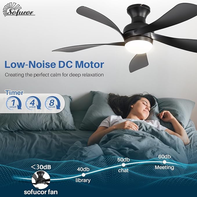 Sofucor 42 Inch Low Profile Ceiling Fan with Light, Flush Mount Outdoor Black Ceiling Fan with Remote for Bedroom Living Room Patio, Dimmable LED High Airflow Quiet Reversible DC Motor