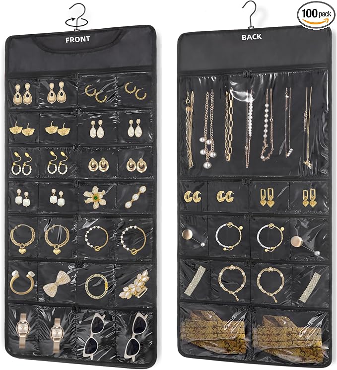FOREGOER Hanging Jewelry Organizer 43 Large Zipper Pockets Necklace Holder | Double Sided, Large Capacity, Foldable for Travel, Jewelry Holder Roll for Earrings, Necklaces, Rings on Closet, Wall, Door