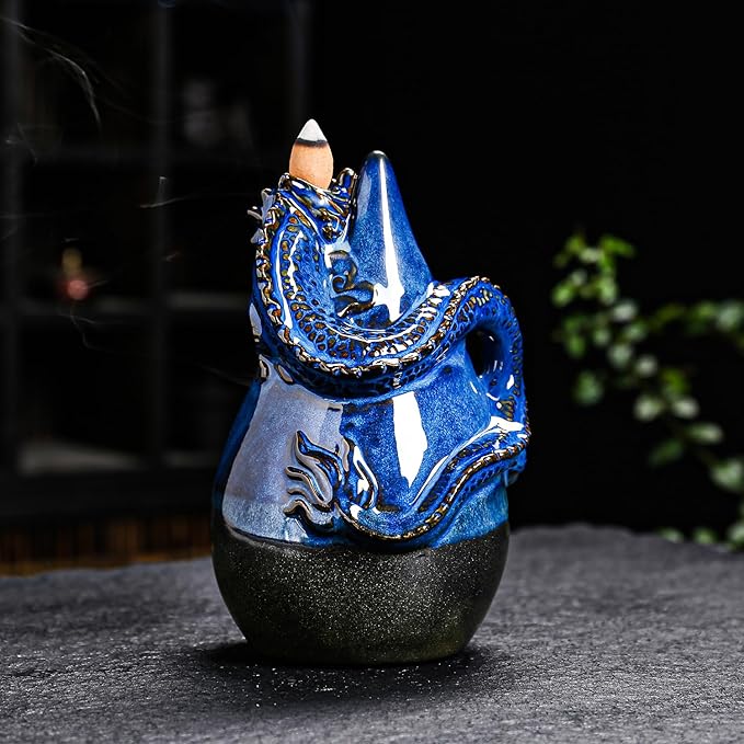 Dragon Incense Burner - Ceramic Backflow Waterfall Burner with Dragon Smoke Fountain, Incense Holder, Cones & Tweezer & Fire Mat for Aromatherapy/Yoga/Home/Office Deco