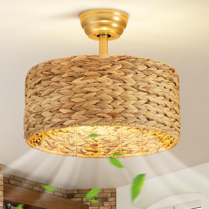 Boho Fandelier Ceiling Fans with Lights,Rattan Chandelier Fan Gold Caged Ceiling Fan with Light Remote Flush Mount Chandelier Ceiling Fan 6 Speeds Fandelier for Bedroom Living Room Kitchen