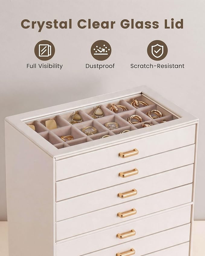 Lolalet Earring Organizer, Jewelry Box with Clear Lid -Beige, 8 Layer | PU Leather, Velvet, Removable Dividers, Dustproof, Easy Clean, For Studs Rings, Gift for Women Girls, Home Aesthetic Decor