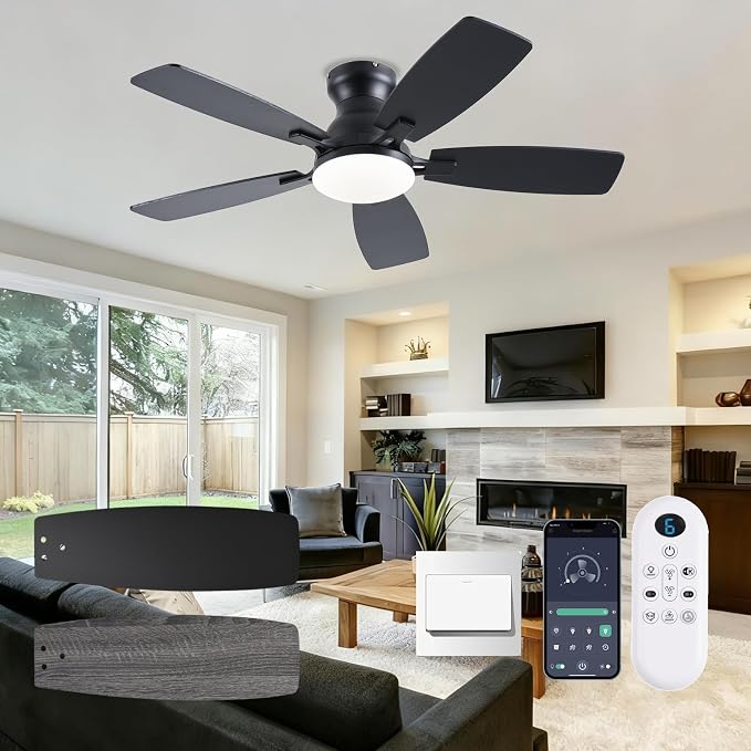 NKPU Ceiling Fans with Lights, Low Profile Ceiling Fan with Light and Remote/APP Control, DC Motor, Noiseless, Flush Mount, 42inch Black Ceiling Fan for Bedroom Indoor/Outdoor Use