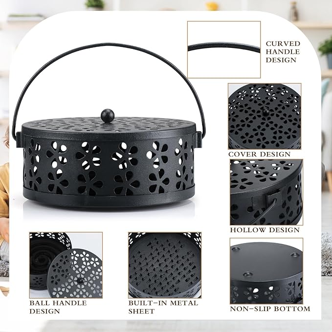 Lallisa 2 Pieces Mosquito Coil Holder Incense Coil Holder Retro Portable Round Metal Hanging Incense Burner Holders with Handle for Home Indoor Outdoor Camping Patio (Black)