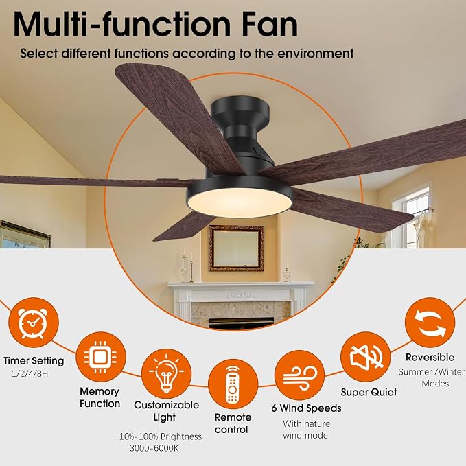 Ceiling Fans with Lights, 52 inch Low Profile Ceiling Fan with Light, Remote/App Control, Flush Mount Black Ceiling Fan for Bedroom, Indoor/Outdoor (Dark Wood)