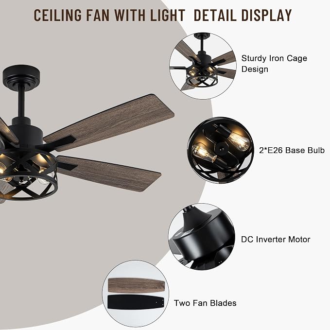 52" Farmhouse Ceiling Fan with Lights and Remote Control | Reversible DC Motor,5 Double Finish Wood Blades,Caged Rustic Ceiling Fan with Light for Bedroom,Living Room,Dining Room