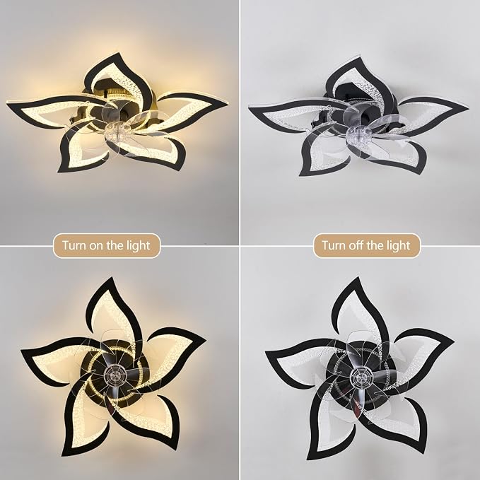 27" Black Geometric Ceiling Fan Lights with Remote, 6 Speeds Adjustable Low Profile Flush Mount Ceiling Fan with Light for Kitchen Bedroom