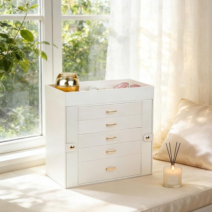 BOOVO Large Jewelry Boxes For Women (Pearl White, 6 Layer) | 6 Layers Jewelry Organizer Box With Cosmetic Storage Drawer, Necklace Ring Jewelry Organizer Box