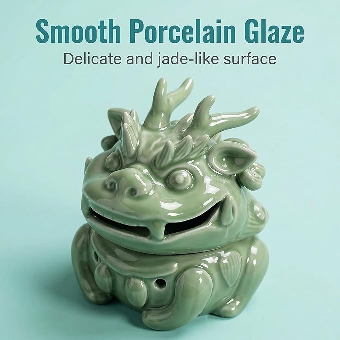 Mini Ceramic Incense Burner - Chinese Classic Plum Green Celadon Glaze, Fragrance Cone & Stick Holder Palo Santo/Sage/Herb Burner for Meditation, Yoga, Desk Decor, Zen Relaxation Gift (Dragon-A)