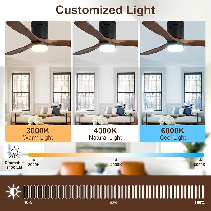 Sofucor 52 Inch Ceiling Fans with Lights, Flush Mount Ceiling Fan with Lights Remote Control, Indoor/Outdoor Ceiling Fan Light, Reversible DC Motor, 3 Blade Solid Wood Ceiling Fans for Bedroom Patio