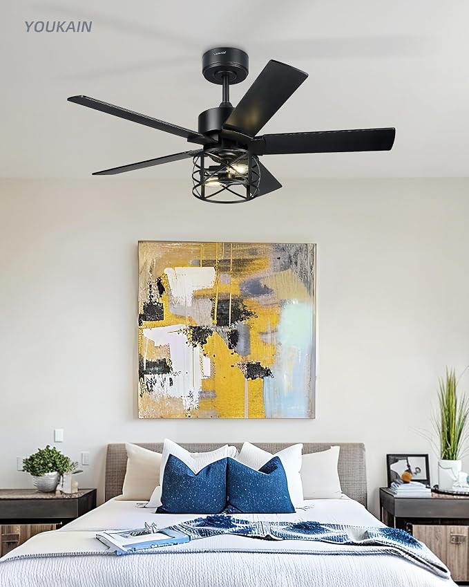YOUKAIN 42 Inch Ceiling Fan with Lights and Remote, DC Motor 35dB Quiet, Black Farmhouse Ceiling Fan with 5 Reversible Blades for Small Room Bedroom, 42-YJ632-BKW