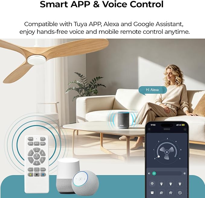 Ceiling Fans with Lights, 72 Inch Wooden Ceiling Fans with App Voice Remote Control, 6 Speed Quiet Fan, Dimmable Light Flush Mount Ceiling Fan for Bedroom Living Room, Natural Wood
