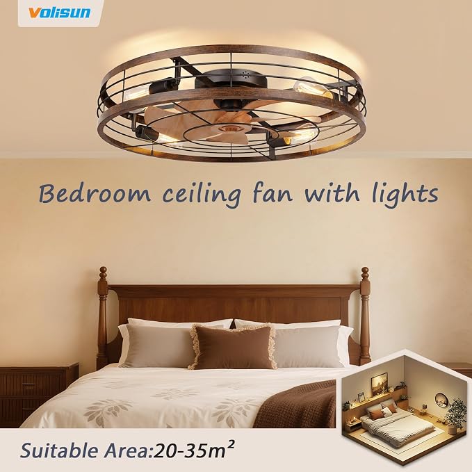 VOLISUN 27.6'' Caged Ceiling Fan with Light and Remote,Rustic Low Profile Ceiling Fan with Light Flush Mount, Farmhouse Bladeless Fandelier Ceiling Fans with Lights for Kitchen,Bedroom-Gold