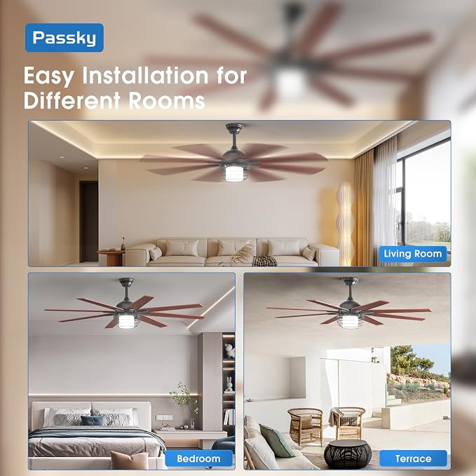 Passky Ceiling Fans with Lights, 66 inch Black Ceiling fan with Light and Remote Control, Reversible, Dimmable, 3CCT, Quiet, Caged Ceiling Fan for Farmhouse, Bedroom, Living Room, Indoor/Outdoor Use