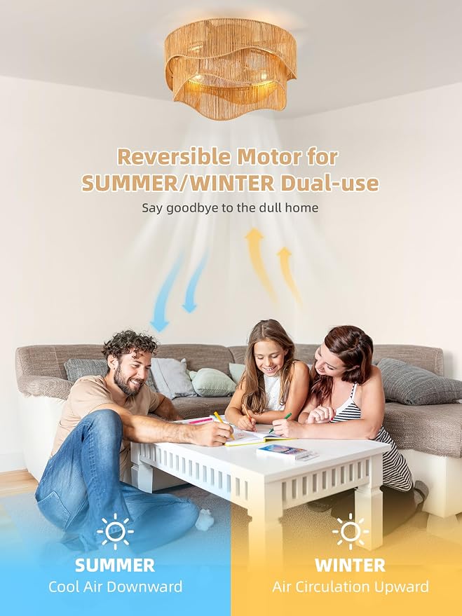 Flush Mount Ceiling Fan with Lights, 20" Low Profile Boho Ceiling Fan with Light Remote Control, Caged Rattan with 6 Speeds for Bedroom, Nursery, Living Room