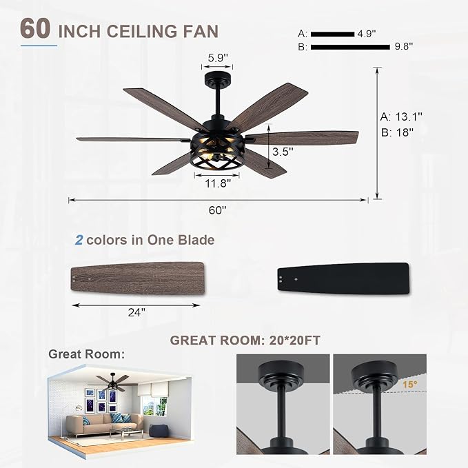 Bella Depot 60" Ceiling Fan with Light, Farmhouse Chandelier Ceiling Fan with Lights and Remote, Caged Rustic Indoor Fandelier with Silent Motor for Dining Living Room Bedroom, (bulbs not included)