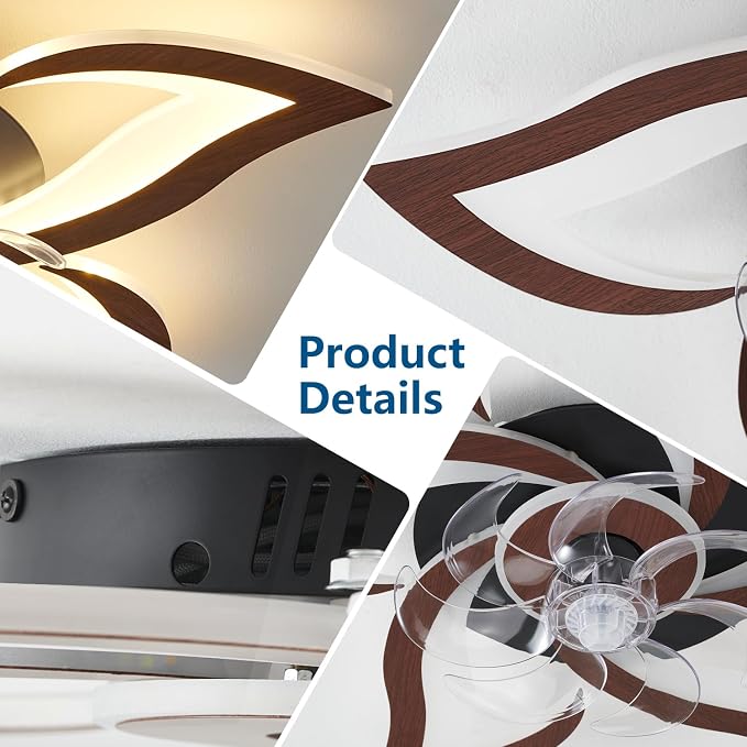 Flower Modern Ceiling Fans with Lights, Low Profile Ceiling Fan with Remote for bedroom, Flush Mount Ceiling Fan with LED Dimmable Light,3-Colors, 6-Speeds, Timing CeilingFans Light, Walnutcolor