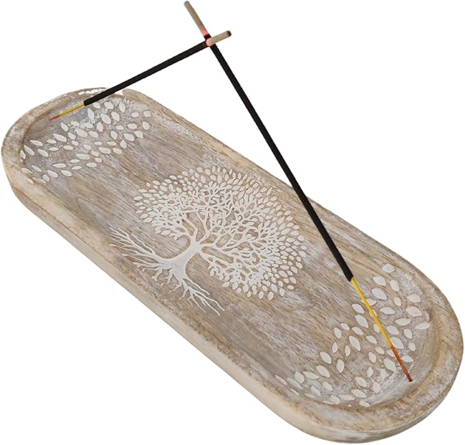 VANIYA CRAFTS® Wooden Handmade Tree of Life Design Boat Shape Incense Holder Stand Insence Tray for Sticks Home Decor Restaurant (11X4,Antique White)