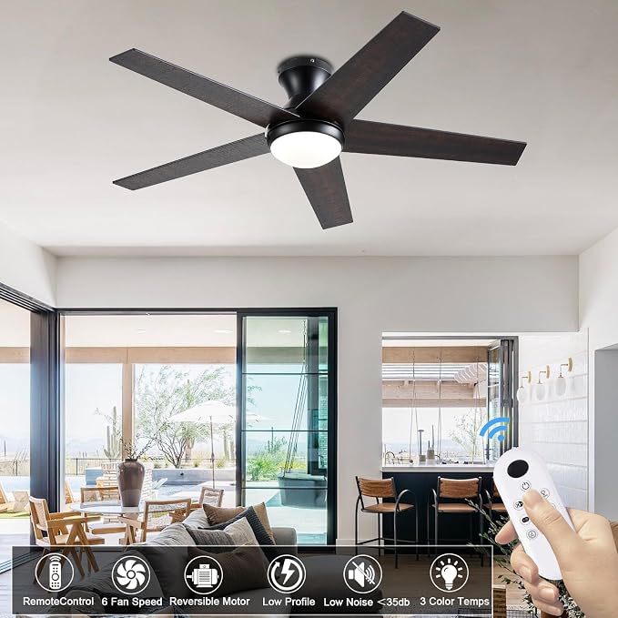 Ayaoty Ceiling Fans with Lights, 52" Low Profile Indoor Ceiling Fan with Light and Remote Control, Dimmable, Noiseless, Reversible, Brown Ceiling Fan for Bedroom, Indoor/Outdoor Use